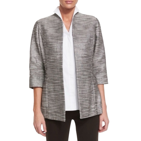 Misook Black and White Woven Silver Linings 3/4 Sleeve Open Jacket Size Large